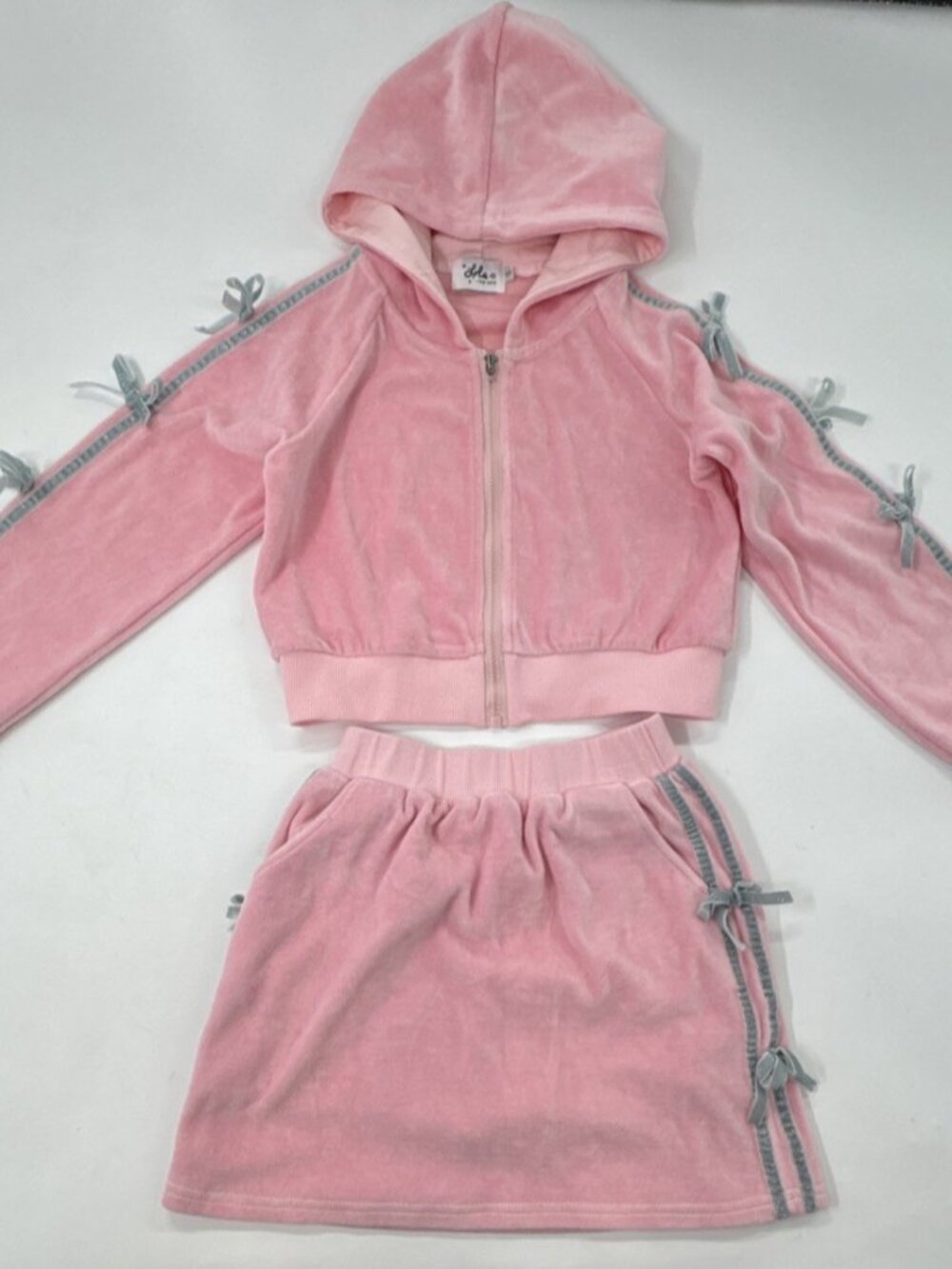Lola Velour Set Youth Girls 10 Pink Skort Hooded Zip Jacket Gray Fleece Bows